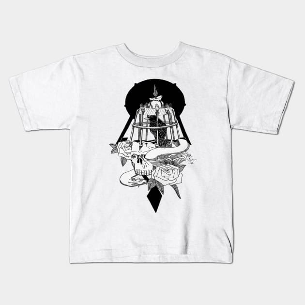 Bird in Skull Cage Kids T-Shirt by Inversive Art